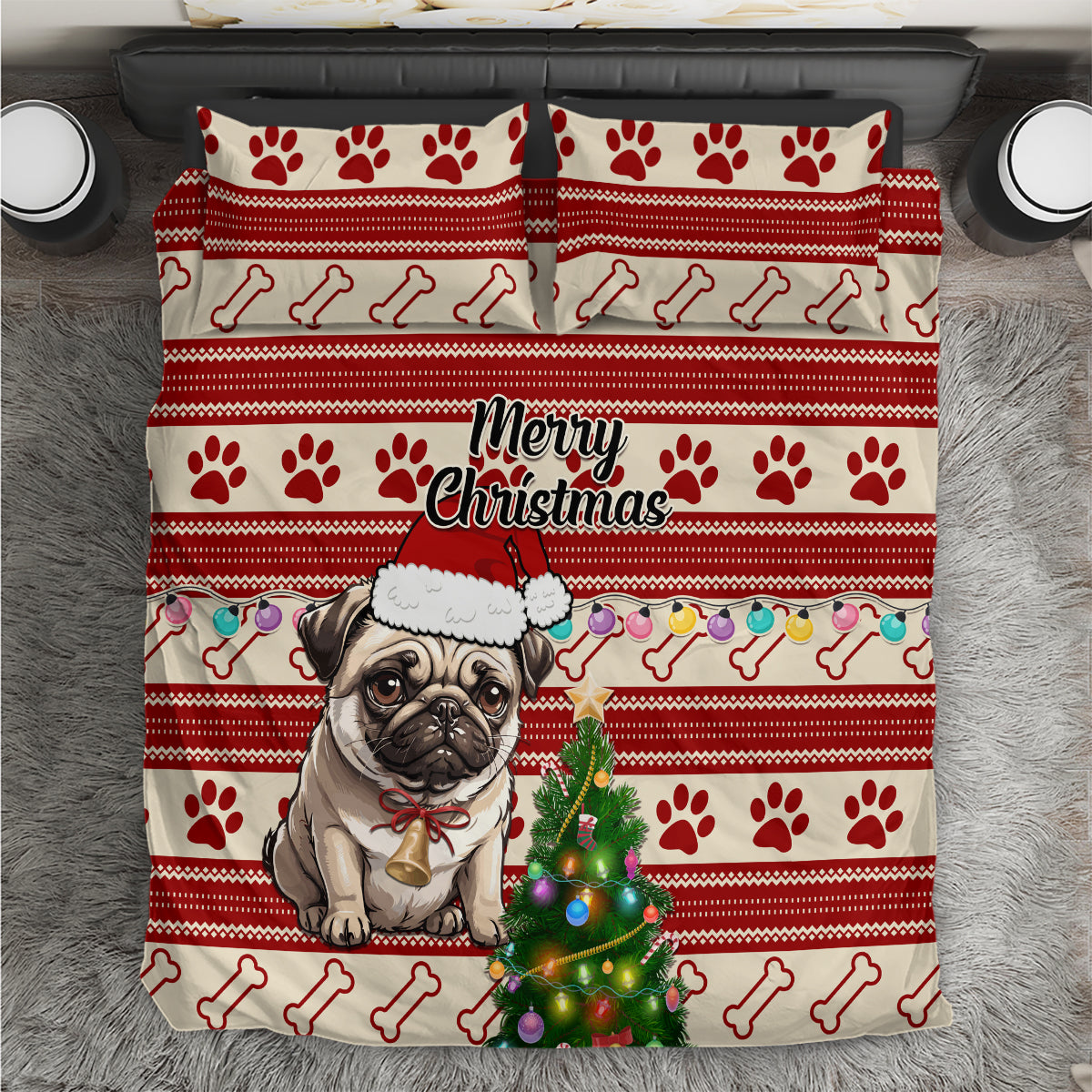 Custom Dog Christmas Bedding Set Cute Pug Dog With Xmas Tree - Wonder Print Shop