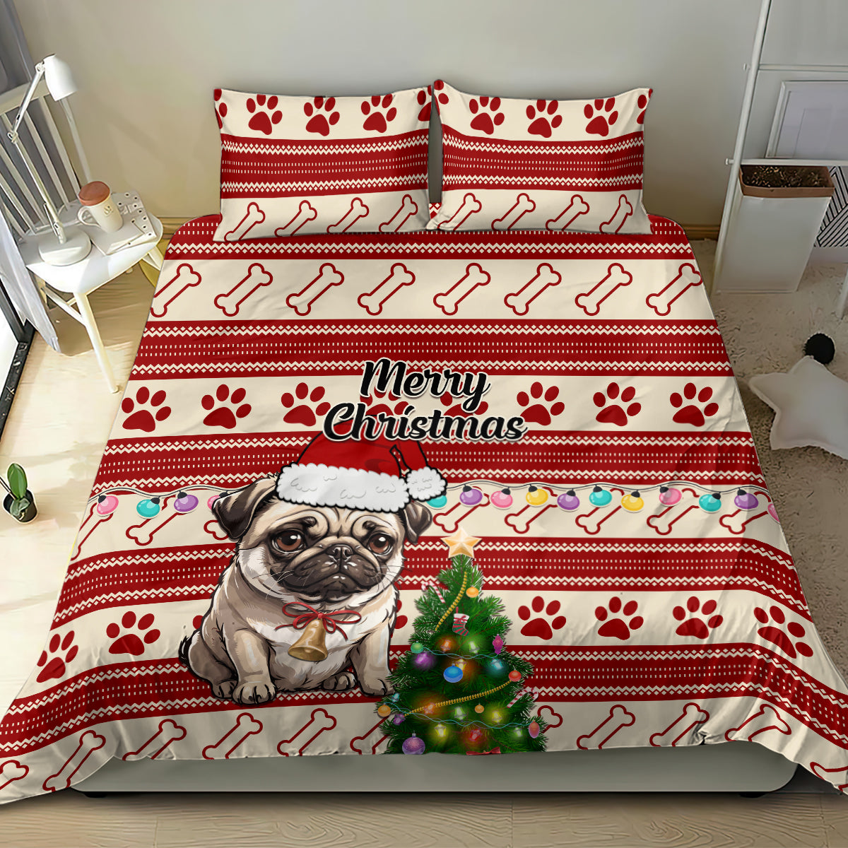 Custom Dog Christmas Bedding Set Cute Pug Dog With Xmas Tree - Wonder Print Shop