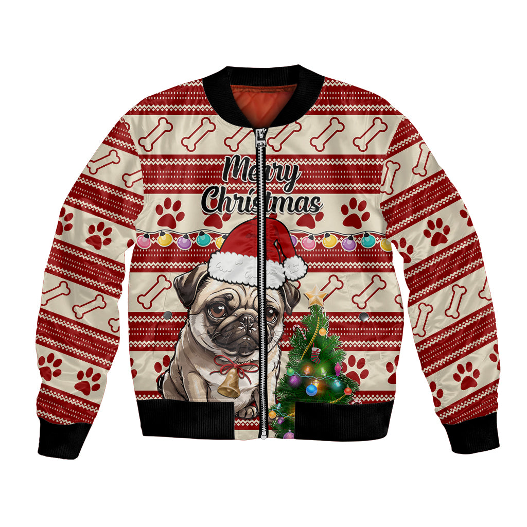 Custom Dog Christmas Bomber Jacket Cute Pug Dog With Xmas Tree - Wonder Print Shop