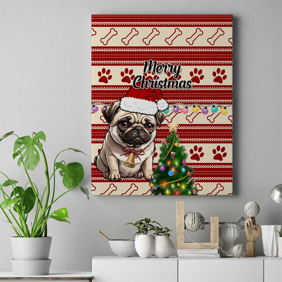 Custom Dog Christmas Canvas Wall Art Cute Pug Dog With Xmas Tree - Wonder Print Shop