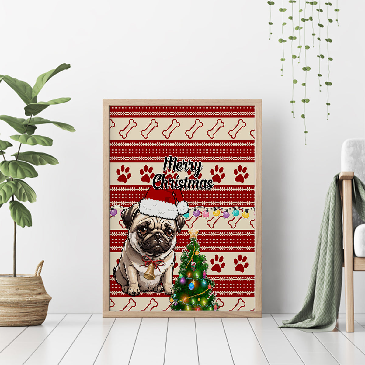 Custom Dog Christmas Canvas Wall Art Cute Pug Dog With Xmas Tree - Wonder Print Shop