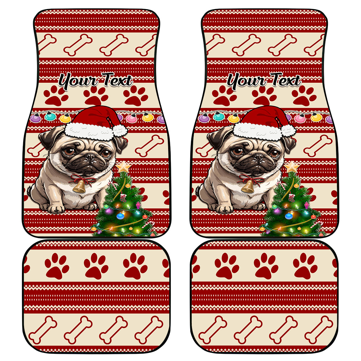 Custom Dog Christmas Car Mats Cute Pug Dog With Xmas Tree - Wonder Print Shop
