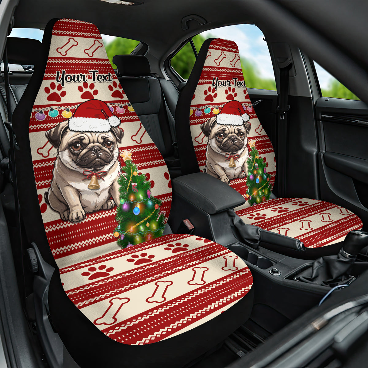 Custom Dog Christmas Car Seat Cover Cute Pug Dog With Xmas Tree - Wonder Print Shop