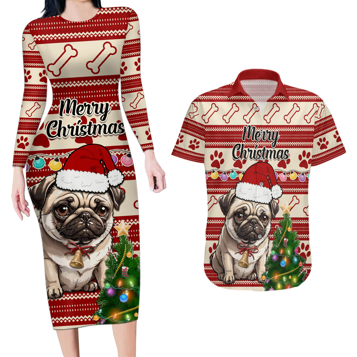 Custom Dog Christmas Couples Matching Long Sleeve Bodycon Dress and Hawaiian Shirt Cute Pug Dog With Xmas Tree - Wonder Print Shop