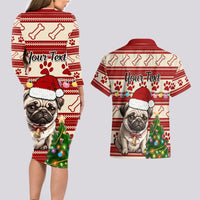Custom Dog Christmas Couples Matching Long Sleeve Bodycon Dress and Hawaiian Shirt Cute Pug Dog With Xmas Tree - Wonder Print Shop