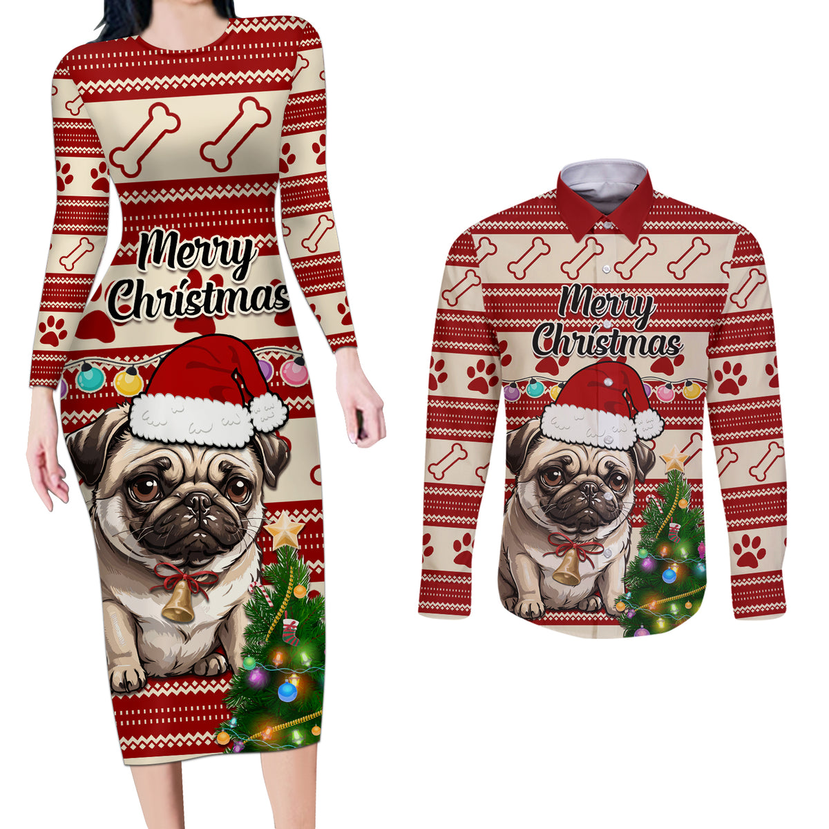 Custom Dog Christmas Couples Matching Long Sleeve Bodycon Dress and Long Sleeve Button Shirt Cute Pug Dog With Xmas Tree - Wonder Print Shop