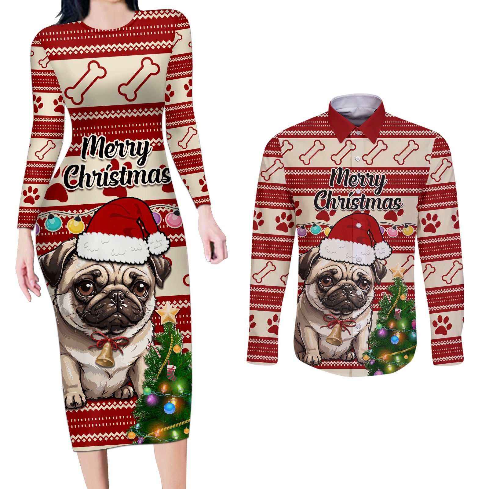 Custom Dog Christmas Couples Matching Long Sleeve Bodycon Dress and Long Sleeve Button Shirt Cute Pug Dog With Xmas Tree - Wonder Print Shop