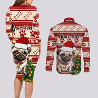 Custom Dog Christmas Couples Matching Long Sleeve Bodycon Dress and Long Sleeve Button Shirt Cute Pug Dog With Xmas Tree - Wonder Print Shop
