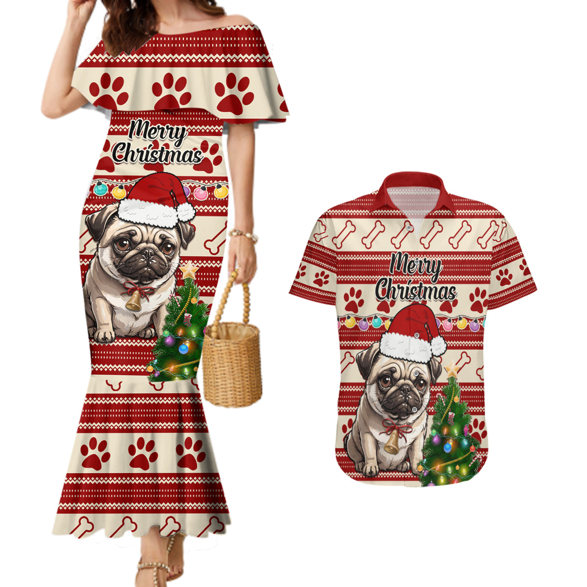 Custom Dog Christmas Couples Matching Mermaid Dress and Hawaiian Shirt Cute Pug Dog With Xmas Tree - Wonder Print Shop