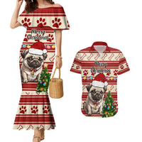 Custom Dog Christmas Couples Matching Mermaid Dress and Hawaiian Shirt Cute Pug Dog With Xmas Tree - Wonder Print Shop