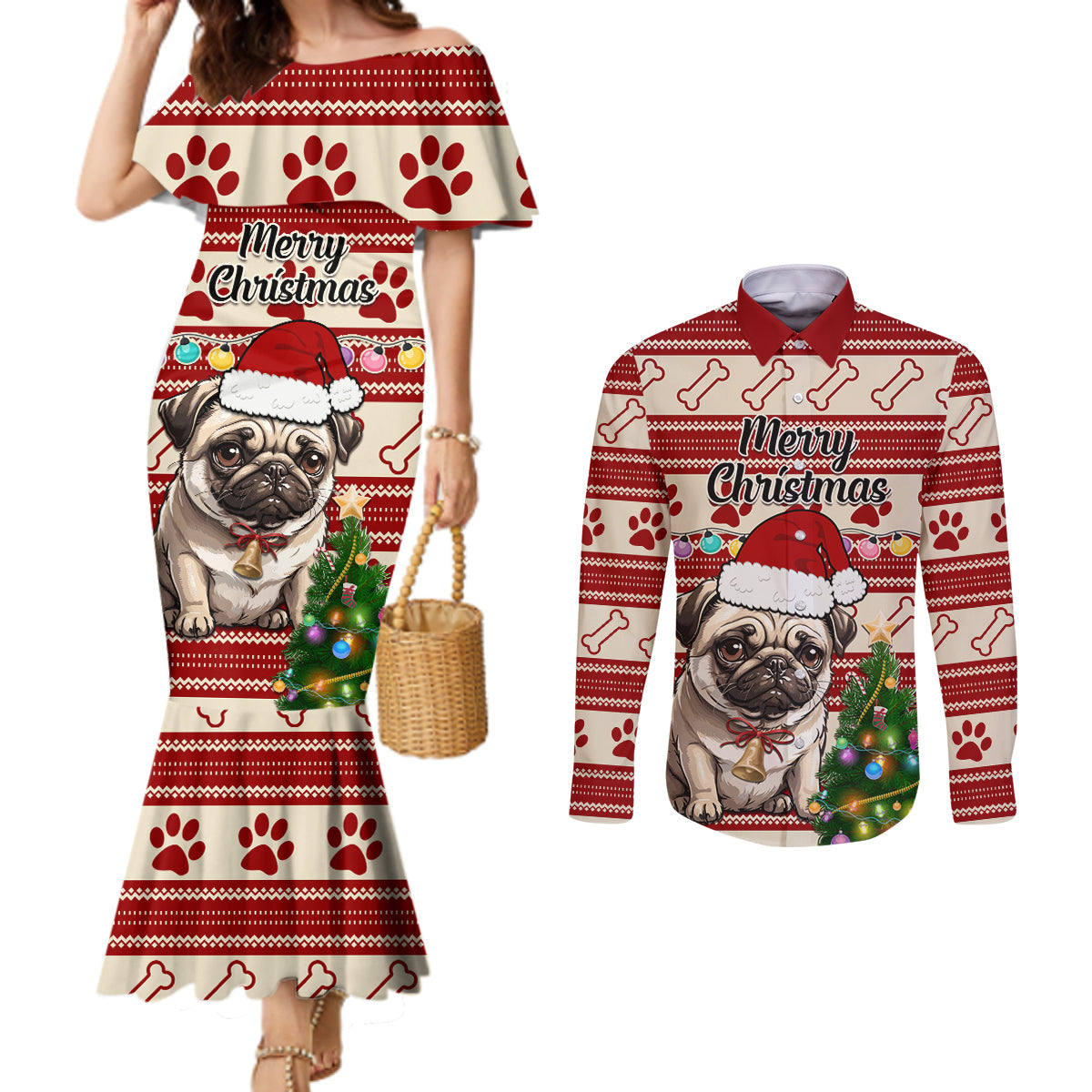 custom-dog-christmas-couples-matching-mermaid-dress-and-long-sleeve-button-shirt-cute-pug-dog-with-xmas-tree