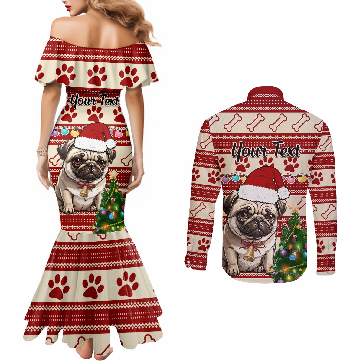 custom-dog-christmas-couples-matching-mermaid-dress-and-long-sleeve-button-shirt-cute-pug-dog-with-xmas-tree