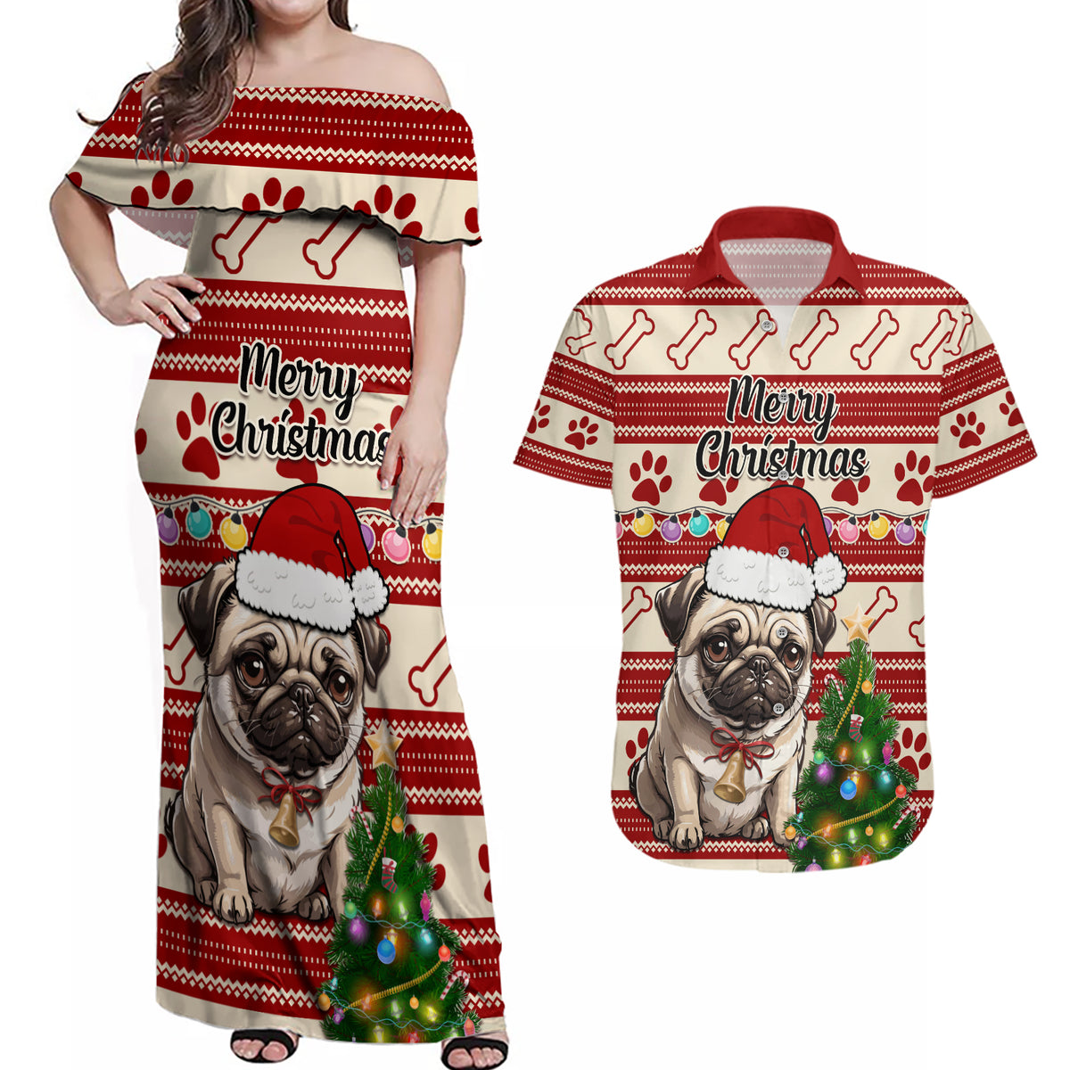 Custom Dog Christmas Couples Matching Off Shoulder Maxi Dress and Hawaiian Shirt Cute Pug Dog With Xmas Tree - Wonder Print Shop