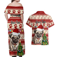 Custom Dog Christmas Couples Matching Off Shoulder Maxi Dress and Hawaiian Shirt Cute Pug Dog With Xmas Tree - Wonder Print Shop