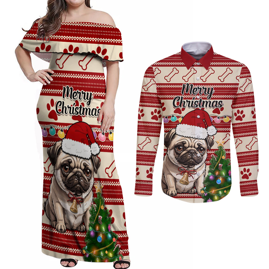 Custom Dog Christmas Couples Matching Off Shoulder Maxi Dress and Long Sleeve Button Shirt Cute Pug Dog With Xmas Tree - Wonder Print Shop