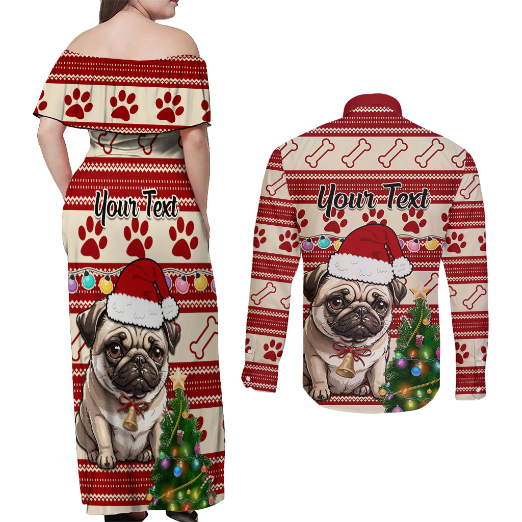 Custom Dog Christmas Couples Matching Off Shoulder Maxi Dress and Long Sleeve Button Shirt Cute Pug Dog With Xmas Tree - Wonder Print Shop