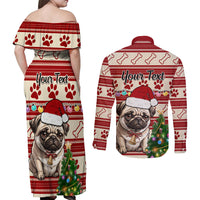 Custom Dog Christmas Couples Matching Off Shoulder Maxi Dress and Long Sleeve Button Shirt Cute Pug Dog With Xmas Tree - Wonder Print Shop