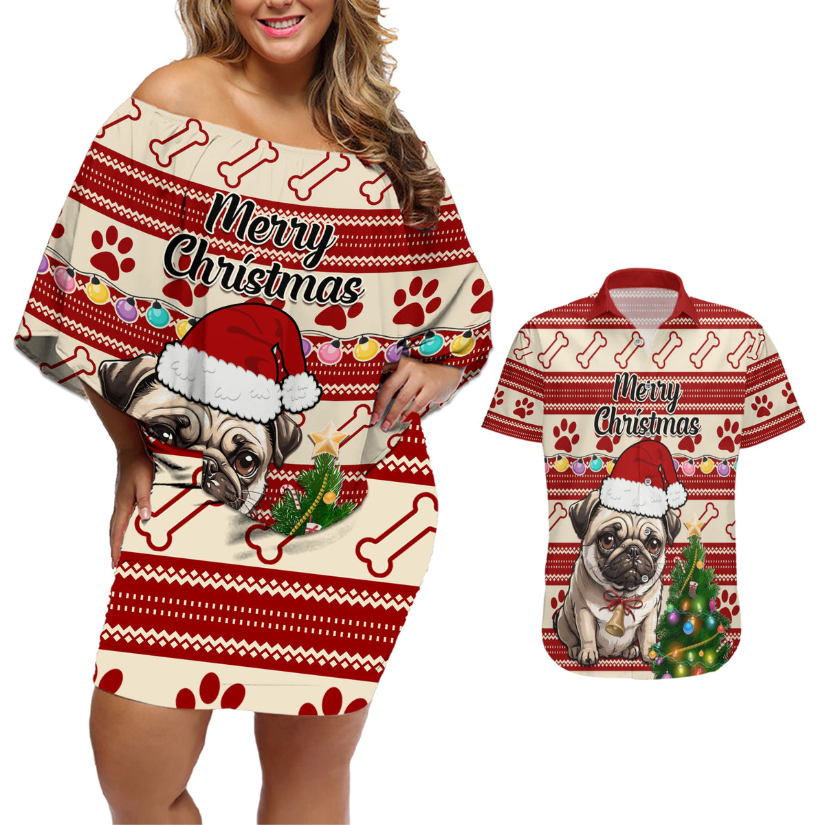 Custom Dog Christmas Couples Matching Off Shoulder Short Dress and Hawaiian Shirt Cute Pug Dog With Xmas Tree - Wonder Print Shop