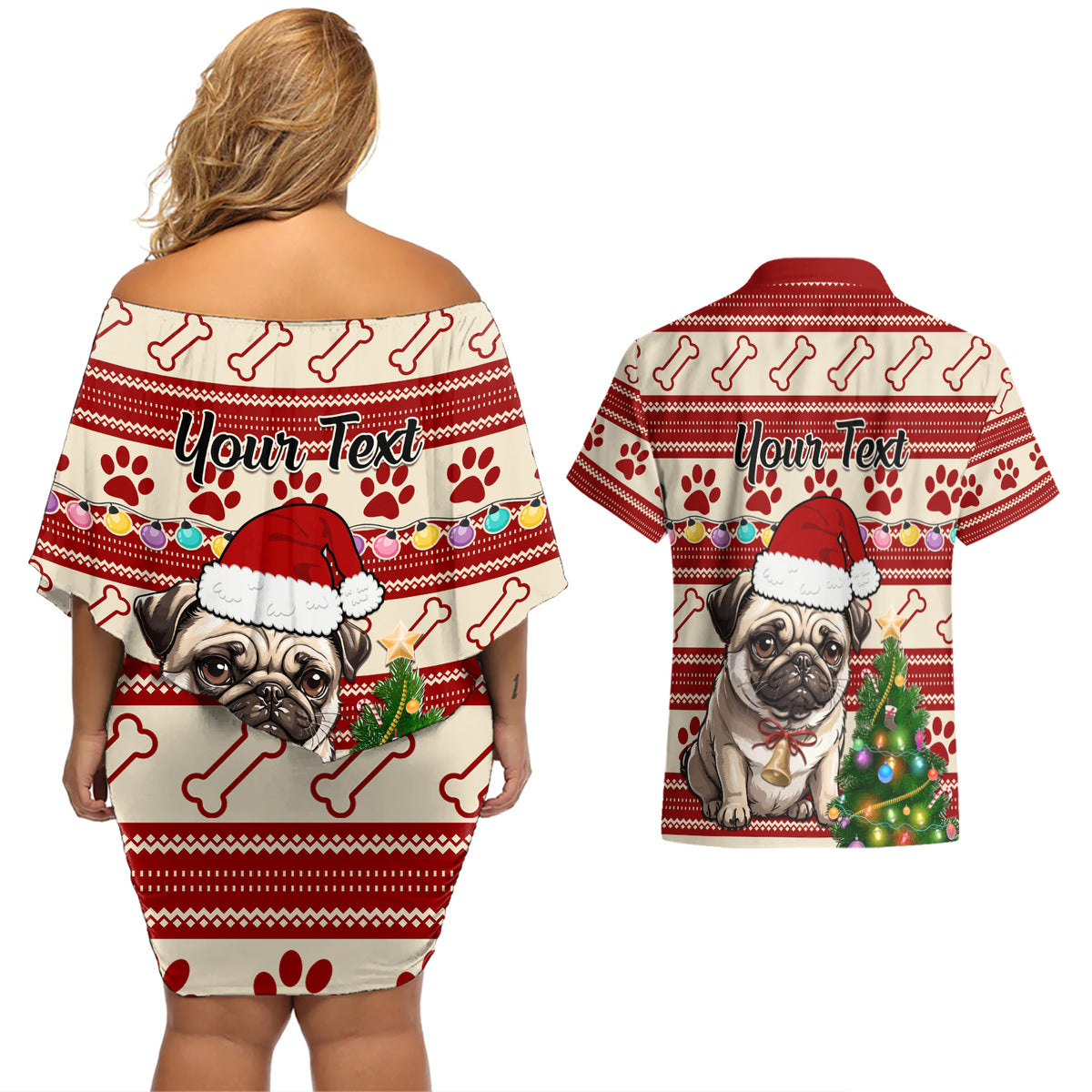 Custom Dog Christmas Couples Matching Off Shoulder Short Dress and Hawaiian Shirt Cute Pug Dog With Xmas Tree - Wonder Print Shop