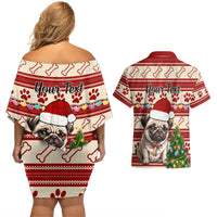 Custom Dog Christmas Couples Matching Off Shoulder Short Dress and Hawaiian Shirt Cute Pug Dog With Xmas Tree - Wonder Print Shop