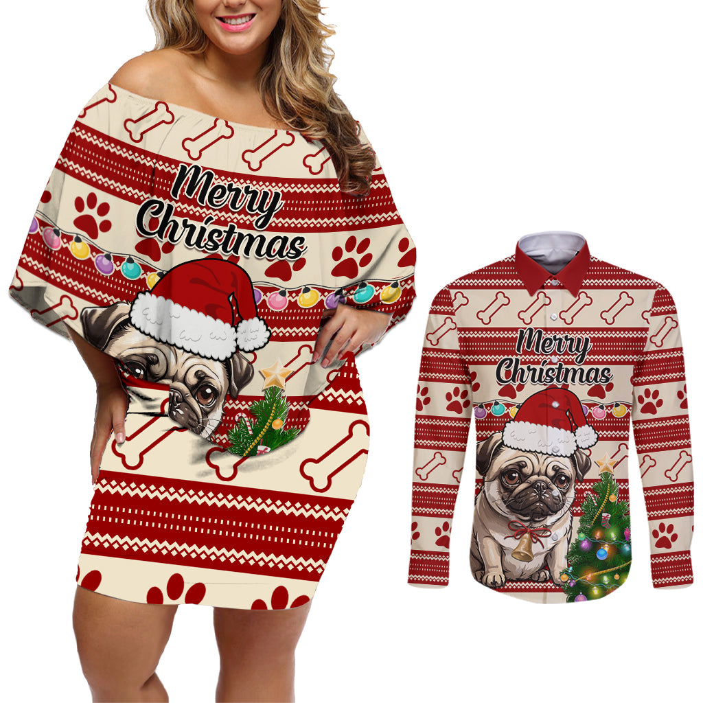 Custom Dog Christmas Couples Matching Off Shoulder Short Dress and Long Sleeve Button Shirt Cute Pug Dog With Xmas Tree - Wonder Print Shop