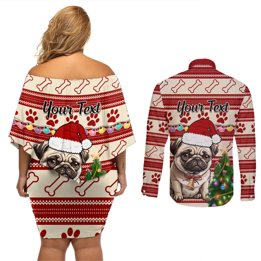 Custom Dog Christmas Couples Matching Off Shoulder Short Dress and Long Sleeve Button Shirt Cute Pug Dog With Xmas Tree - Wonder Print Shop
