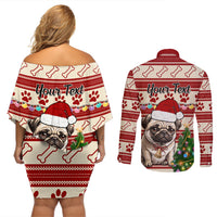 Custom Dog Christmas Couples Matching Off Shoulder Short Dress and Long Sleeve Button Shirt Cute Pug Dog With Xmas Tree - Wonder Print Shop