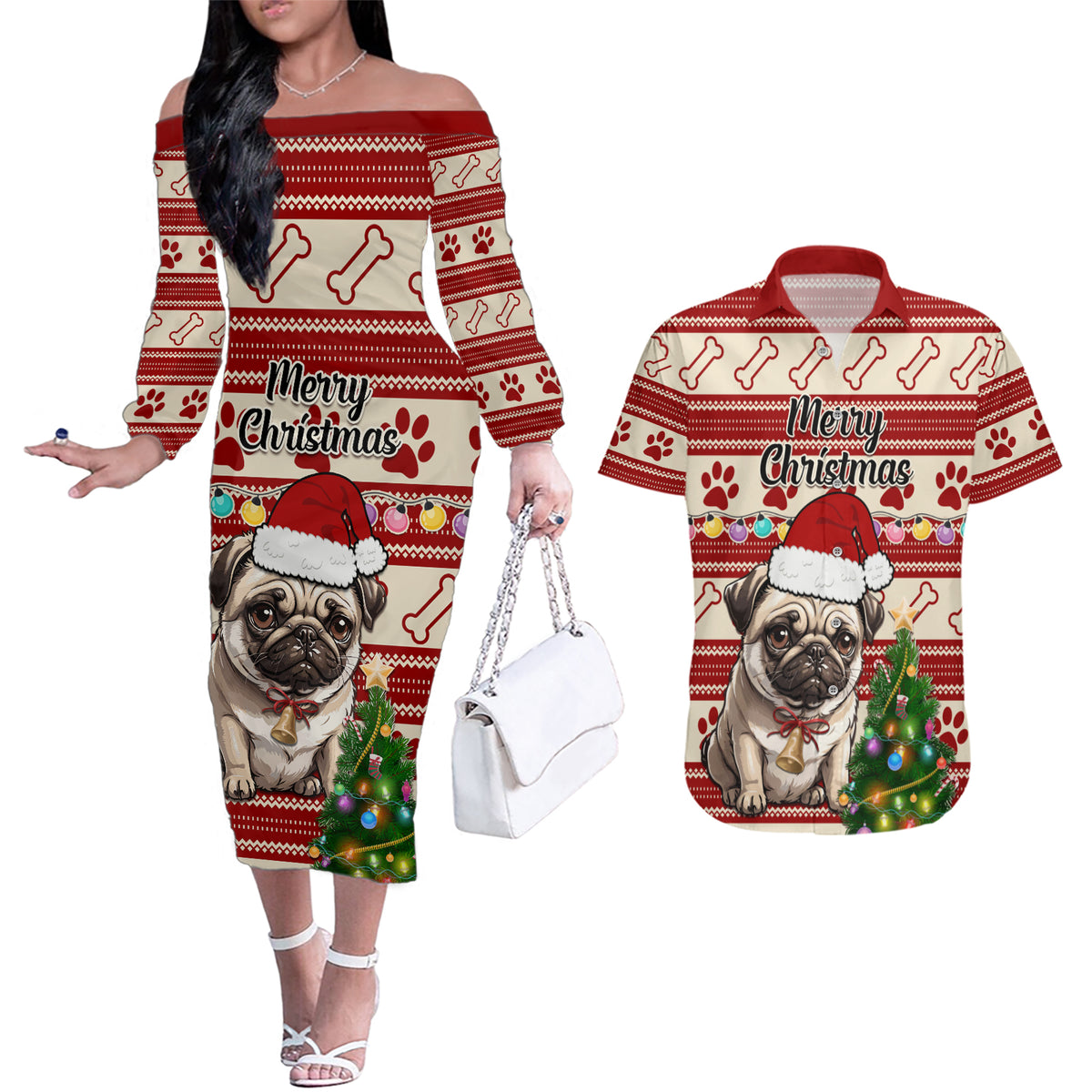 Custom Dog Christmas Couples Matching Off The Shoulder Long Sleeve Dress and Hawaiian Shirt Cute Pug Dog With Xmas Tree - Wonder Print Shop