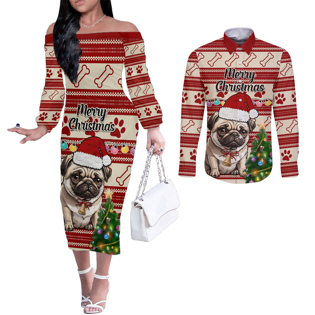 custom-dog-christmas-couples-matching-off-the-shoulder-long-sleeve-dress-and-long-sleeve-button-shirt-cute-pug-dog-with-xmas-tree