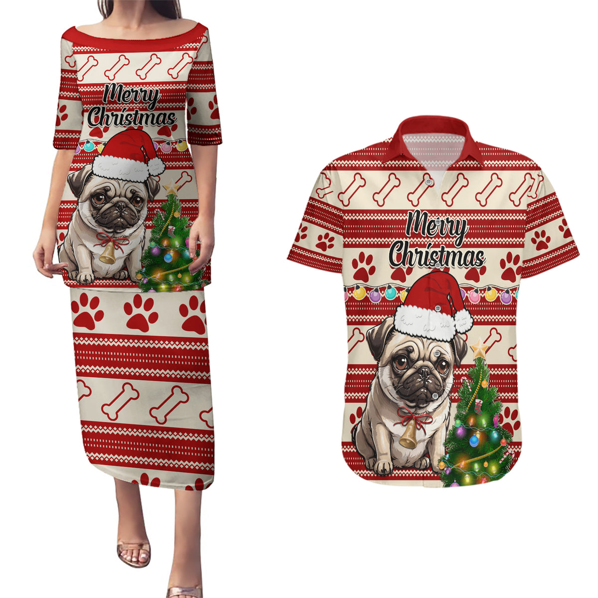 Custom Dog Christmas Couples Matching Puletasi Dress and Hawaiian Shirt Cute Pug Dog With Xmas Tree - Wonder Print Shop