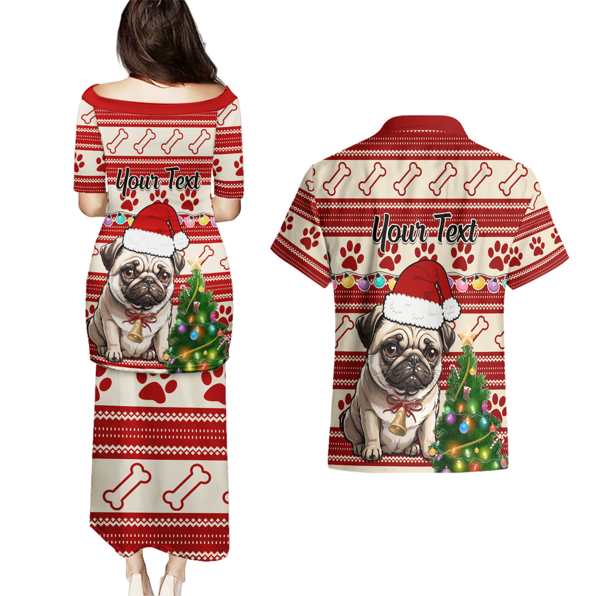 Custom Dog Christmas Couples Matching Puletasi Dress and Hawaiian Shirt Cute Pug Dog With Xmas Tree - Wonder Print Shop