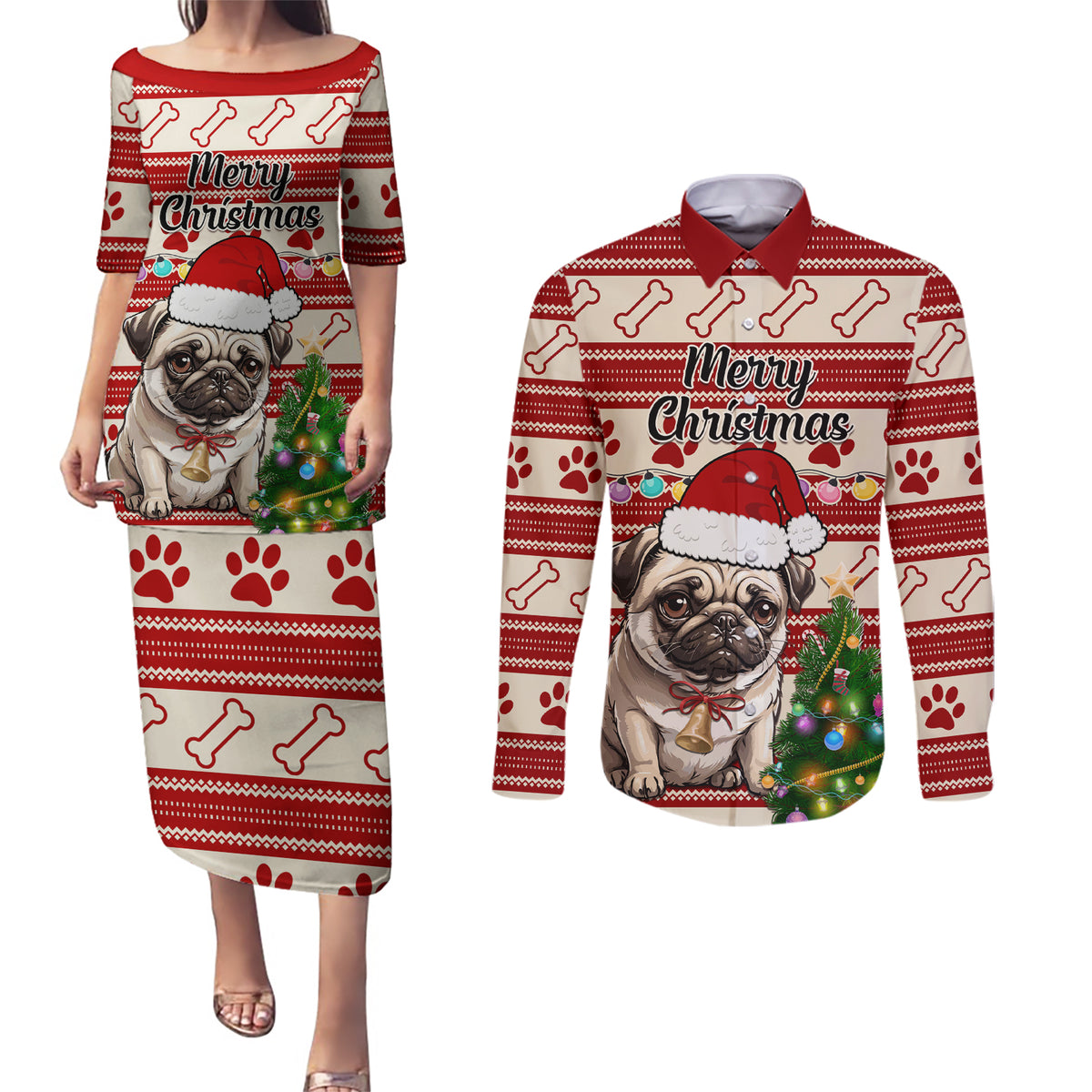 Custom Dog Christmas Couples Matching Puletasi Dress and Long Sleeve Button Shirt Cute Pug Dog With Xmas Tree - Wonder Print Shop