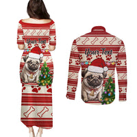 Custom Dog Christmas Couples Matching Puletasi Dress and Long Sleeve Button Shirt Cute Pug Dog With Xmas Tree - Wonder Print Shop