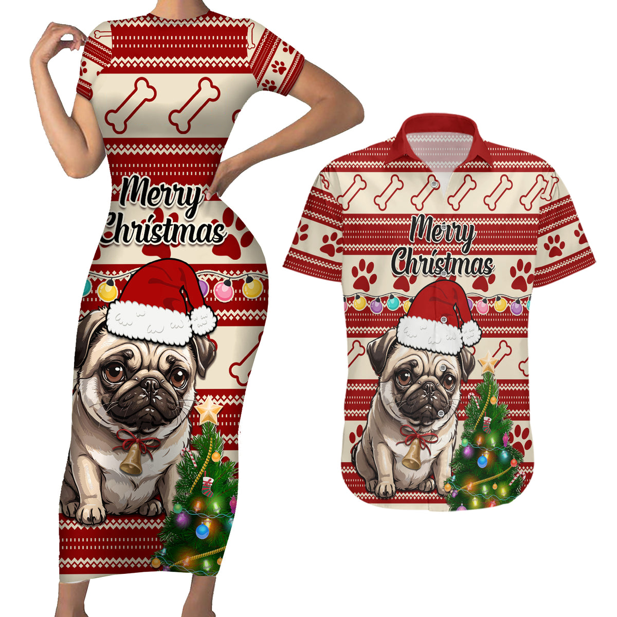 Custom Dog Christmas Couples Matching Short Sleeve Bodycon Dress and Hawaiian Shirt Cute Pug Dog With Xmas Tree - Wonder Print Shop
