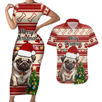 Custom Dog Christmas Couples Matching Short Sleeve Bodycon Dress and Hawaiian Shirt Cute Pug Dog With Xmas Tree - Wonder Print Shop