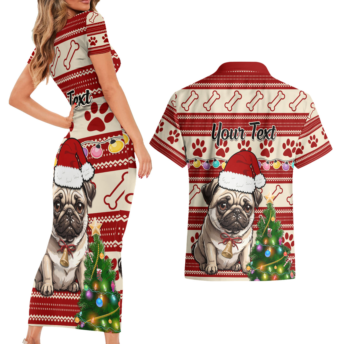 Custom Dog Christmas Couples Matching Short Sleeve Bodycon Dress and Hawaiian Shirt Cute Pug Dog With Xmas Tree - Wonder Print Shop