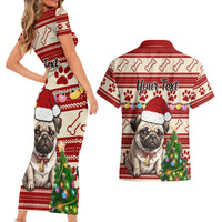 Custom Dog Christmas Couples Matching Short Sleeve Bodycon Dress and Hawaiian Shirt Cute Pug Dog With Xmas Tree - Wonder Print Shop