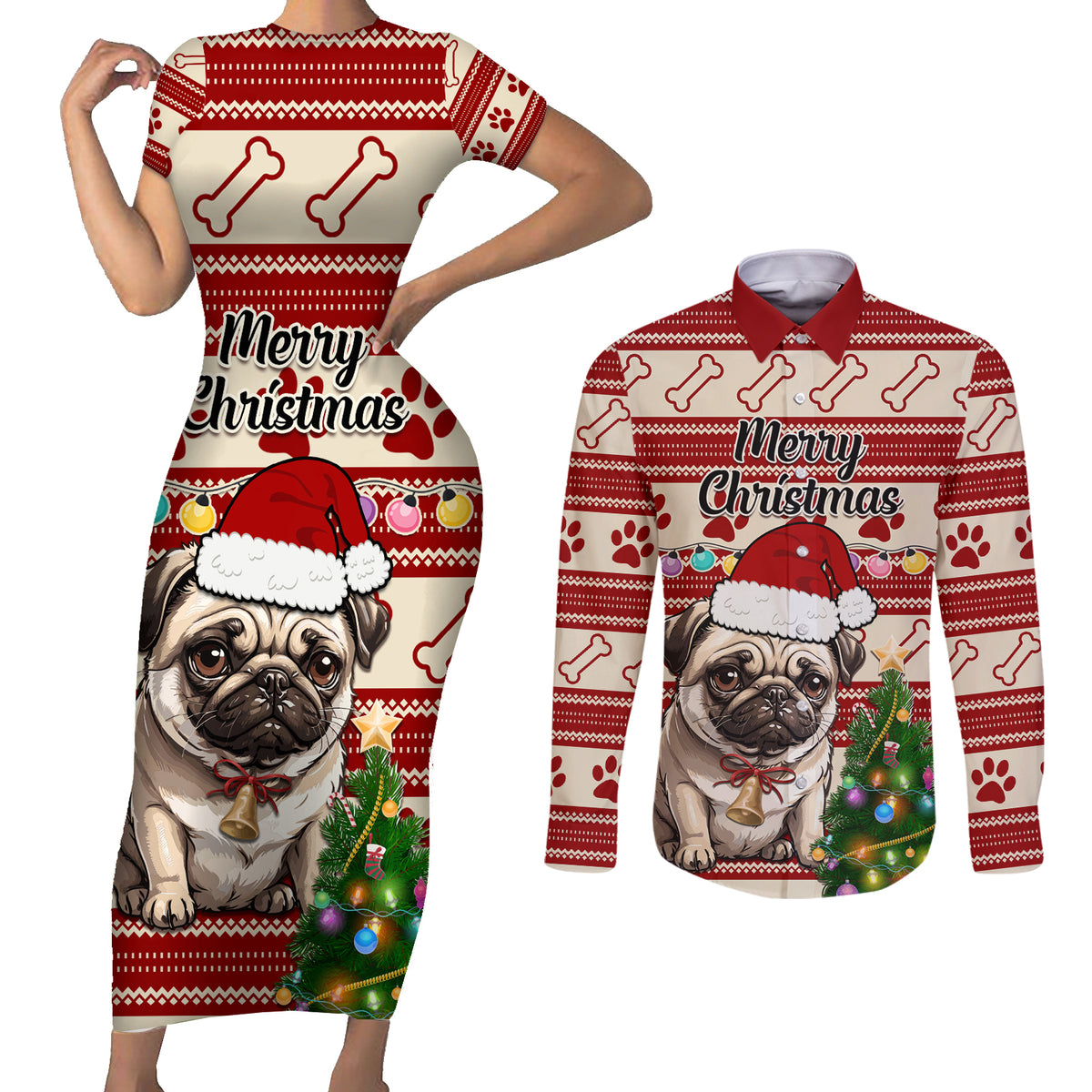 Custom Dog Christmas Couples Matching Short Sleeve Bodycon Dress and Long Sleeve Button Shirt Cute Pug Dog With Xmas Tree - Wonder Print Shop