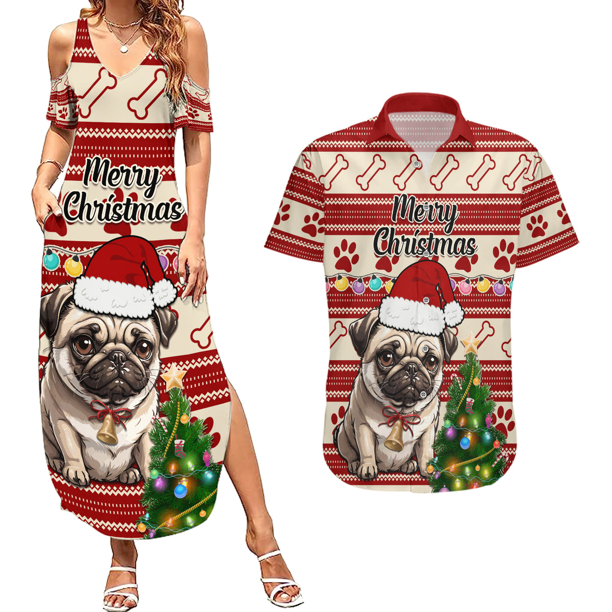Custom Dog Christmas Couples Matching Summer Maxi Dress and Hawaiian Shirt Cute Pug Dog With Xmas Tree - Wonder Print Shop