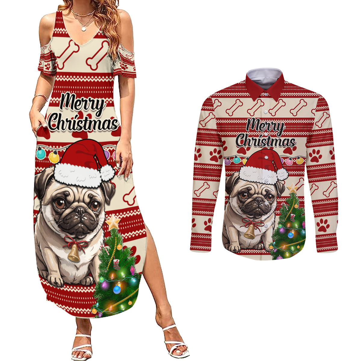 Custom Dog Christmas Couples Matching Summer Maxi Dress and Long Sleeve Button Shirt Cute Pug Dog With Xmas Tree - Wonder Print Shop