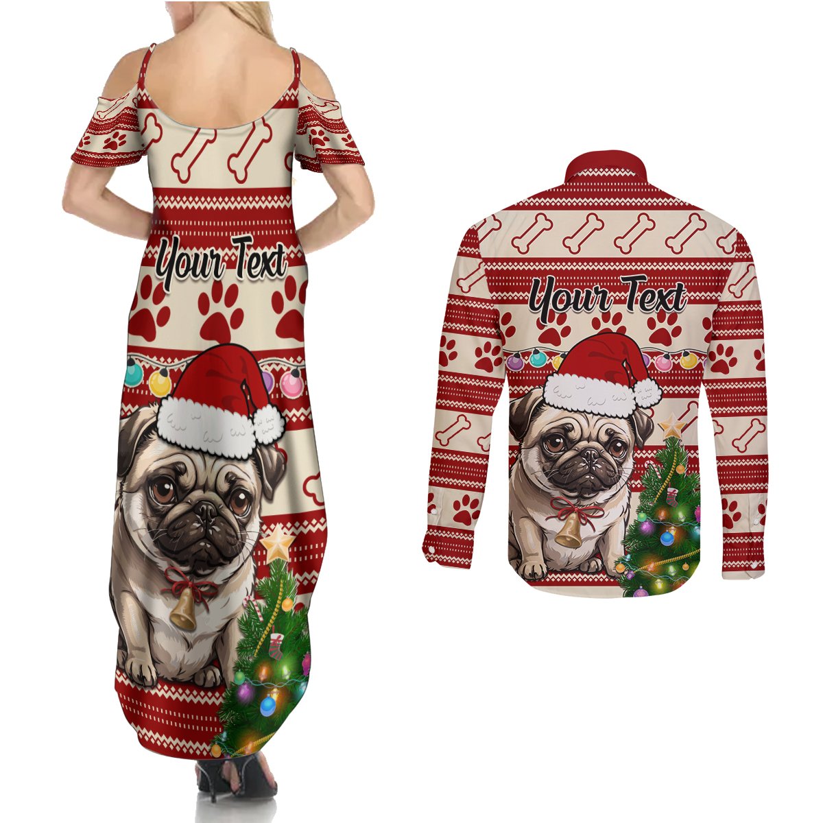Custom Dog Christmas Couples Matching Summer Maxi Dress and Long Sleeve Button Shirt Cute Pug Dog With Xmas Tree - Wonder Print Shop