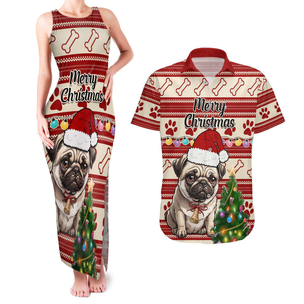 Custom Dog Christmas Couples Matching Tank Maxi Dress and Hawaiian Shirt Cute Pug Dog With Xmas Tree - Wonder Print Shop