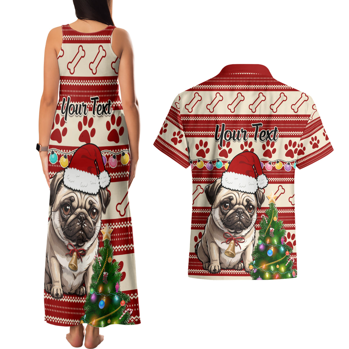 Custom Dog Christmas Couples Matching Tank Maxi Dress and Hawaiian Shirt Cute Pug Dog With Xmas Tree - Wonder Print Shop
