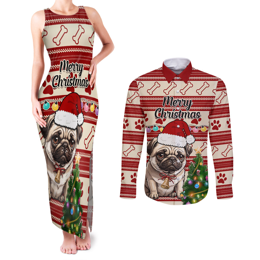 Custom Dog Christmas Couples Matching Tank Maxi Dress and Long Sleeve Button Shirt Cute Pug Dog With Xmas Tree - Wonder Print Shop