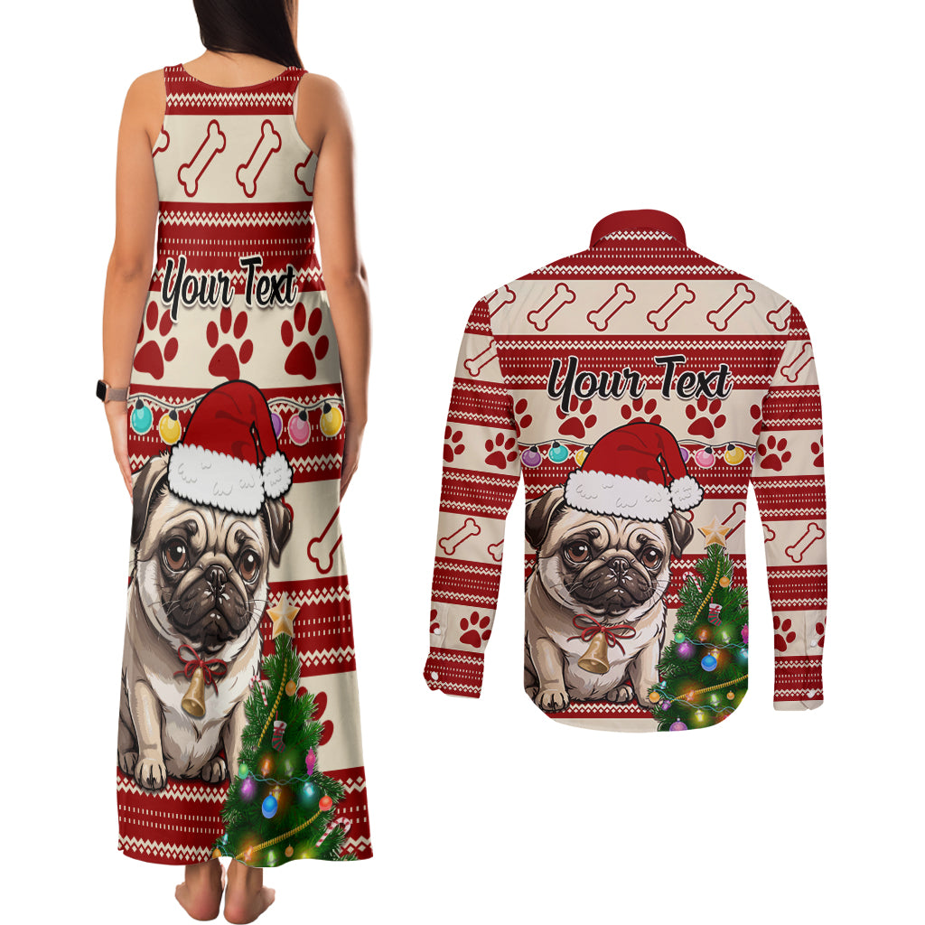 Custom Dog Christmas Couples Matching Tank Maxi Dress and Long Sleeve Button Shirt Cute Pug Dog With Xmas Tree - Wonder Print Shop