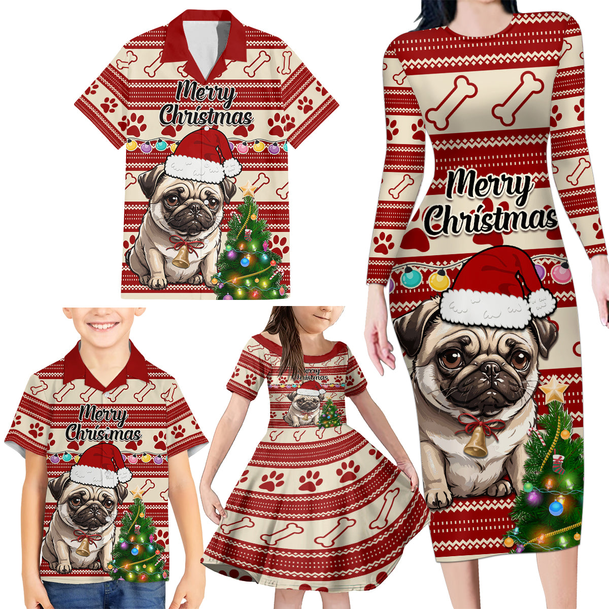 Custom Dog Christmas Family Matching Long Sleeve Bodycon Dress and Hawaiian Shirt Cute Pug Dog With Xmas Tree - Wonder Print Shop
