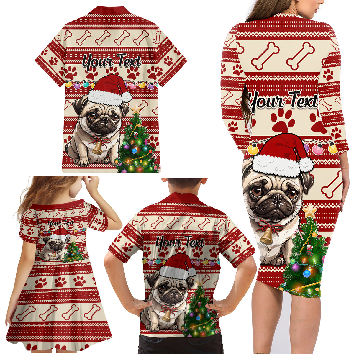 Custom Dog Christmas Family Matching Long Sleeve Bodycon Dress and Hawaiian Shirt Cute Pug Dog With Xmas Tree - Wonder Print Shop