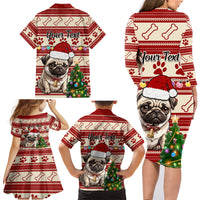 Custom Dog Christmas Family Matching Long Sleeve Bodycon Dress and Hawaiian Shirt Cute Pug Dog With Xmas Tree - Wonder Print Shop