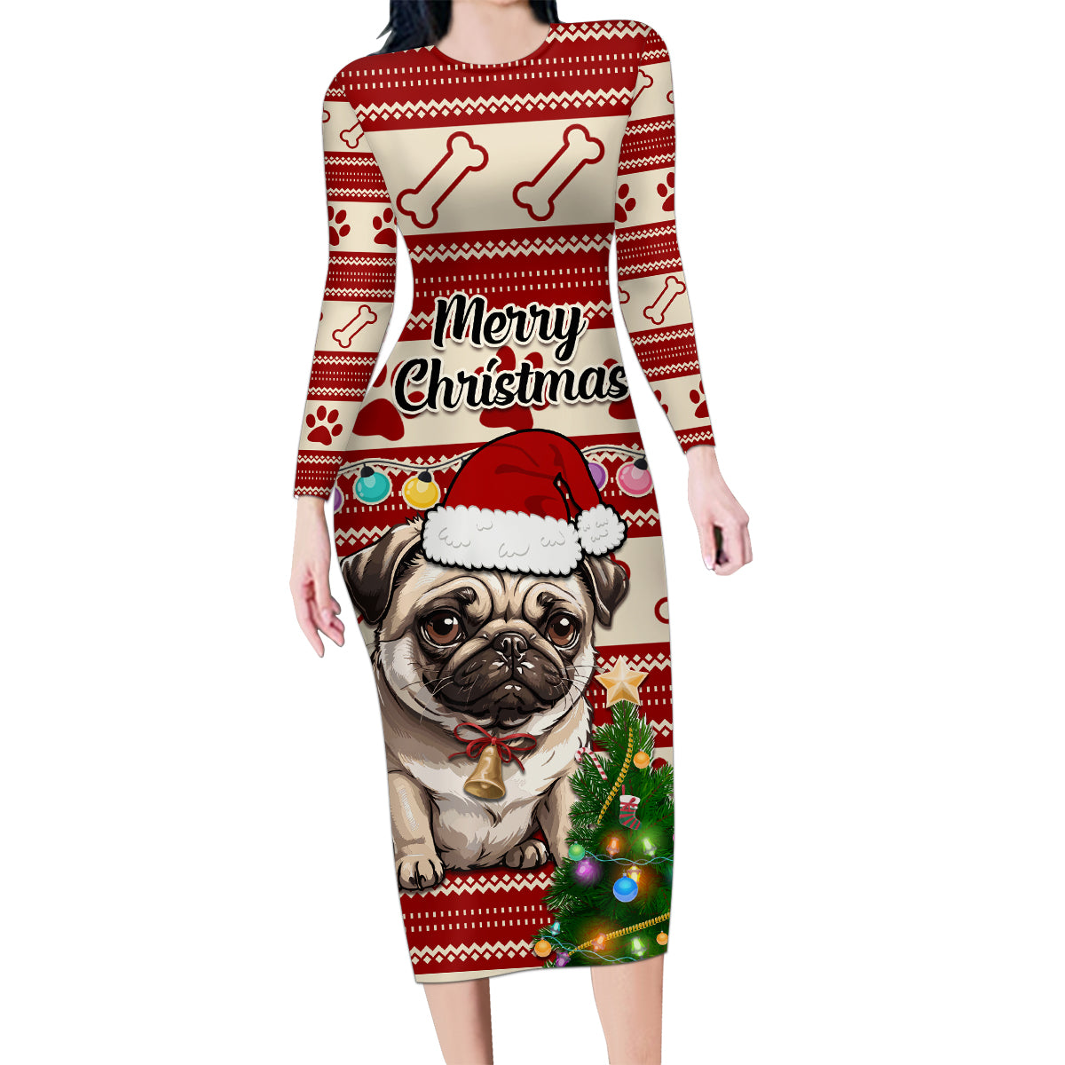 Custom Dog Christmas Family Matching Long Sleeve Bodycon Dress and Hawaiian Shirt Cute Pug Dog With Xmas Tree - Wonder Print Shop