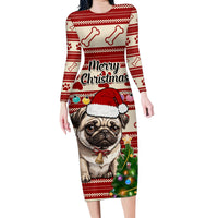 Custom Dog Christmas Family Matching Long Sleeve Bodycon Dress and Hawaiian Shirt Cute Pug Dog With Xmas Tree - Wonder Print Shop